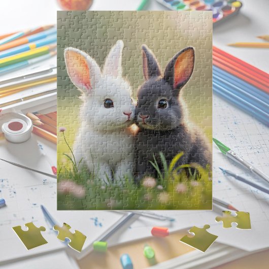 Puzzle De mignons lapins blancs et noirs dans une prairie