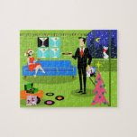 Puzzle de Noël urbain rétro<br><div class="desc">Ce puzzle urbain rétro en couple de Noël présente le dessin d'un élégant appartement de grand standing décoré pour les vacances avec des brins de lumières colorées de Noël et un kitsch, rose, sapin de Noël, avec des ornements turquoises et une étoile jaune. L'appartement dispose d'un sol vert et d'un...</div>