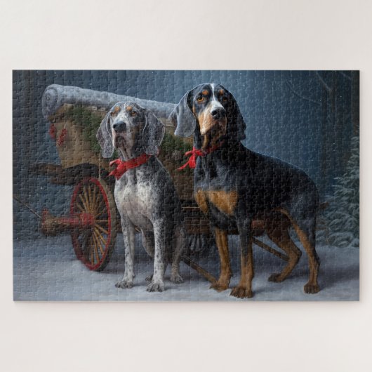 Puzzle Décor de Noël Bluetick Coonhound Snowy Sleigh (Horizontal)