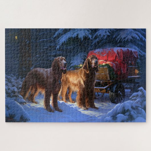 Puzzle Décor de Noël de Snowy Sleigh Setter rouge irlanda (Horizontal)
