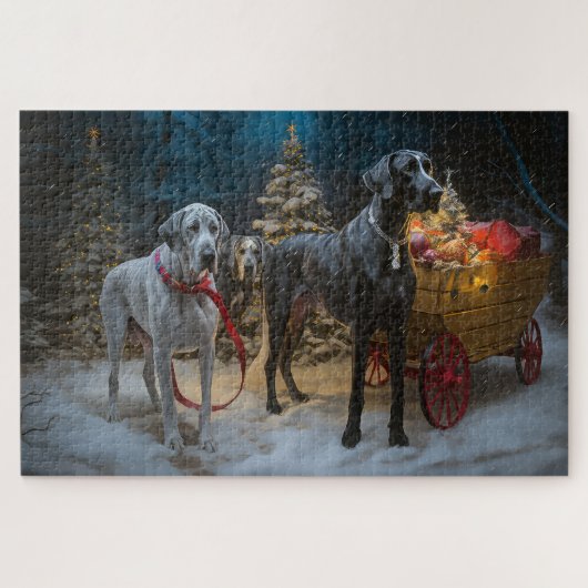 Puzzle Décor de Noël du grand Dane Snowy Sleigh (Horizontal)