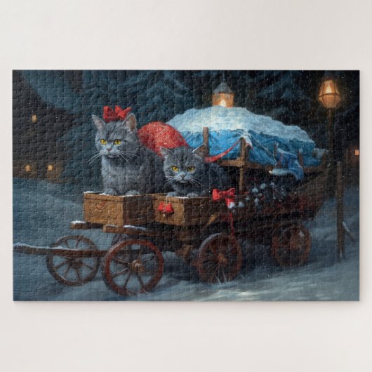 Puzzle Décor de Noël Oriental Blue Cat Snowy Sleigh (Horizontal)