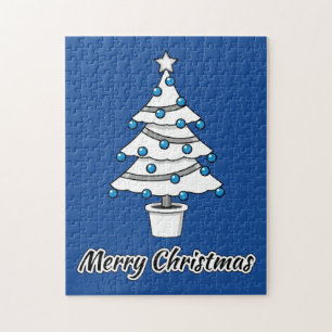 Puzzle Décorations Bleues Arbre de Noël Blanc - Joyeux No