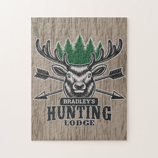 Puzzle Deer Elk Hunter AJOUTER NOM Bow Hunter Lodge Cabin (Vertical)