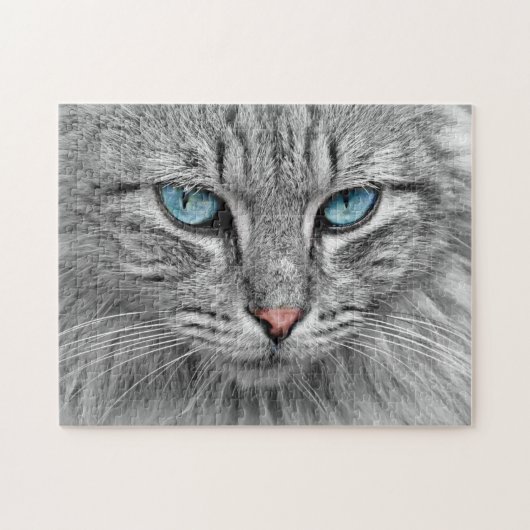 Puzzle Défi Tabby Gris Chat avec yeux bleus (Horizontal)