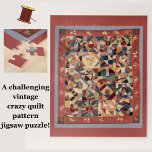 Puzzle Défi Vintage Patchwork Crazy Quilt<br><div class="desc">Ce puzzle de courtepointes stimulant présente la conception d'un magnifique patchwork d'amitié victorienne de courtepointes fou fait à la fin du XIXe siècle. Profitez des détails complexes et colorés de l'oeuvre vintage d'origine - fleurs, framboises, oiseaux, feuilles, papillon, navire, lune et étoile, anneaux entrelacés - tout en piquant les choses...</div>