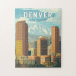 Puzzle Denver Colorado Travel Art Vintage<br><div class="desc">Design de déplacement vectoriel rétro Denver. Denver,  la capitale du Colorado,  est une métropole américaine datant de l'ère du Vieux-Ouest. Le Larimer Carré,  le plus ancien pâté de maisons de la ville,  possède des bâtiments du XIXe siècle emblématiques.</div>