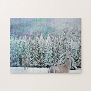Puzzle des cerfs et des arbres d'hiver de neige