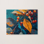 Puzzle Des feuilles boisés d'automne peints. Feuillage d'<br><div class="desc">Feuilles de bois d'automne et puzzle de canneberge. Abstrait automne moderne nature huile peinte art dans les couleurs bleu rouge orange.</div>