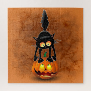Puzzle Dessin d'Halloween au chat effrayé sur Citrouille