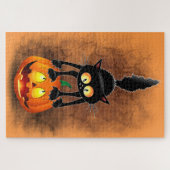 Puzzle Dessin d'Halloween au chat effrayé sur Citrouille (Horizontal)