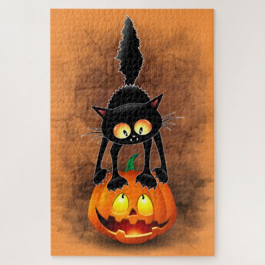 Puzzle Dessin d'Halloween au chat effrayé sur Citrouille (Vertical)