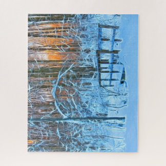 Puzzle Dessin d'un paysage hivernal au coucher du soleil