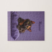 Puzzle Dessin Tortoiseshell Kitten sur coussin pourpre (Horizontal)