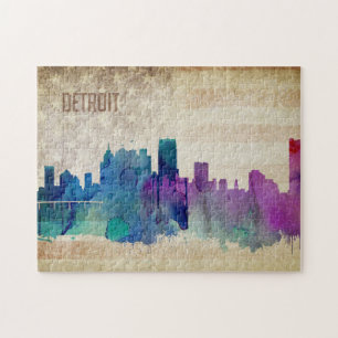 Puzzle Detroit, horizon de ville d'aquarelle de MI  
