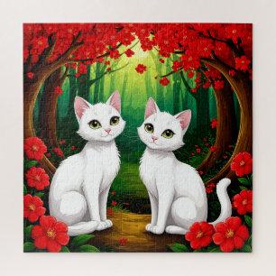 Puzzle Deux chats adorables assis dans une forêt vibrante