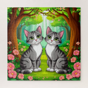 Puzzle Deux chats adorables assis dans une forêt vibrante