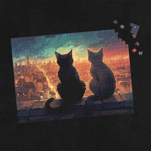 Puzzle Deux chats sur le toit surplombant la ville la nui