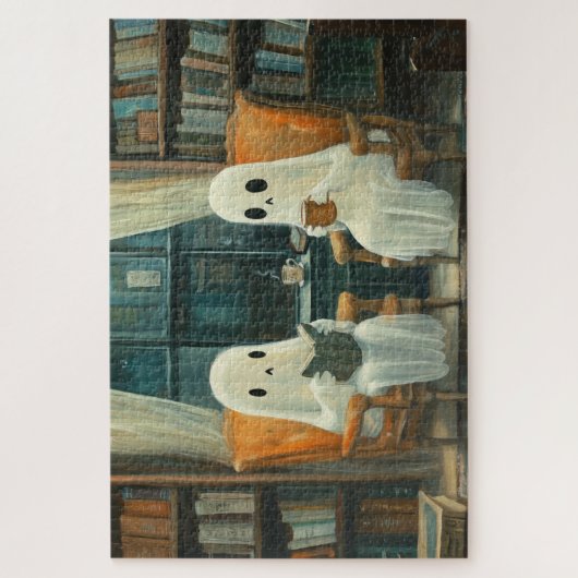 Puzzle Deux fantômes cosy lisant dans une bibliothèque (Vertical)