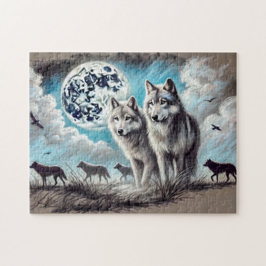 Puzzle Deux loups au clair de lune avec meute (Horizontal)