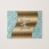 Puzzle Diamants de Glam sur Turquoise, Monogramme Or, Nom (Horizontal)