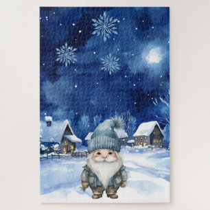 Puzzle Difficile Village de Noël Bleu d'hiver & Gnome