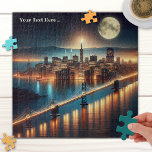 Puzzle d'Imaginaire de San Francisco<br><div class="desc">Puzzle représentant une peinture d'une scène d'imaginaire inspirée de San Francisco,  avec une pleine lune la nuit.</div>