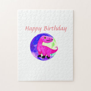 Puzzle Dinosaure anniversaire aquarelle rose violet vert