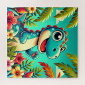 Puzzle Dinosaure De Dessin Au Milieu D'Un Tropical Vibran (Horizontal)