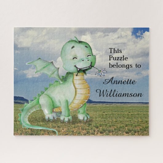 Puzzle Dinosaure vert mignon personnalisez avec le nom (Horizontal)