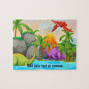 Puzzle Dinosaures jurassiques, jungle, volcan, lac