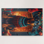 Puzzle Doberman avec des cadeaux de Noël devant une chemi (Horizontal)