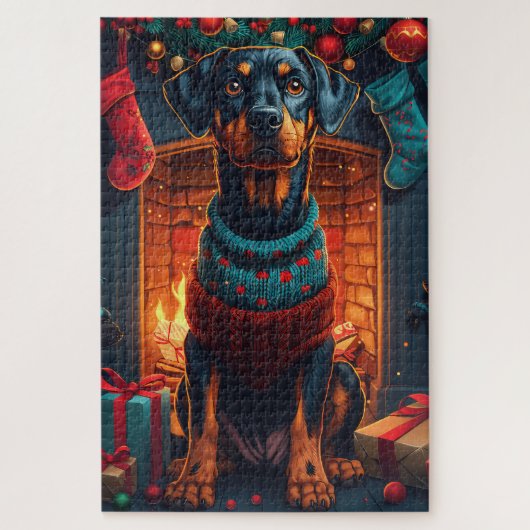 Puzzle Doberman avec des cadeaux de Noël devant une chemi (Vertical)