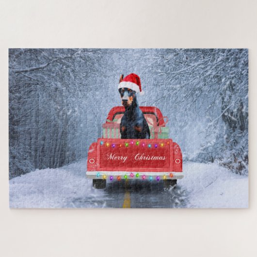 Puzzle Doberman Chien en neige assis sur un camion de Noë (Horizontal)
