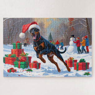 Puzzle Doberman coule dans la neige avec le Casquette de 
