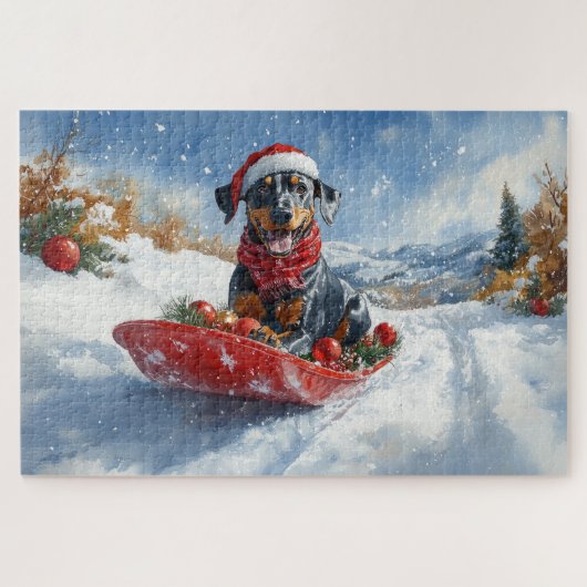 Puzzle Doberman en traîneau 'Laissez tomber la neige' Noë (Horizontal)