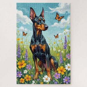 Puzzle Doberman Floral de Prairie de Printemps Chien