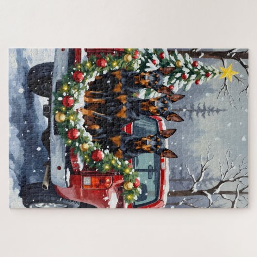 Puzzle Doberman Pinscher Christmas Red Truck Holiday (Horizontal)