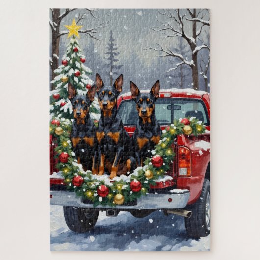 Puzzle Doberman Pinscher Christmas Red Truck Holiday (Vertical)