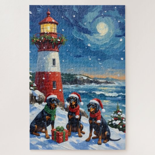Puzzle Doberman Pinscher Noël Phare Vacances (Vertical)