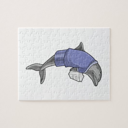 Puzzle Dolphin as Secretary with Stack of paper (Horizontal)