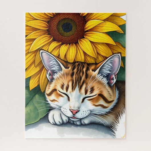 Puzzle Doux Chat Kitty Endormi et Tournesols (Vertical)
