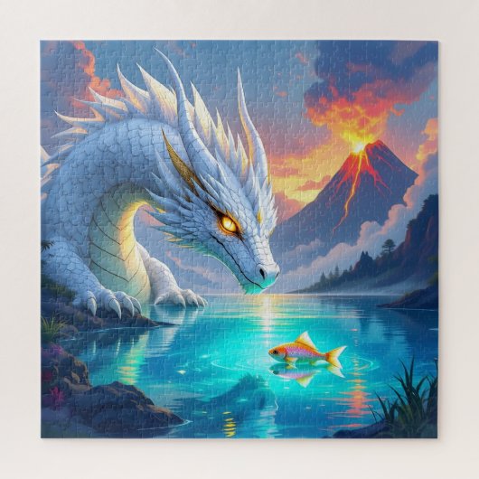 Puzzle Dragon blanc surréaliste et poisson d'or (Vertical)