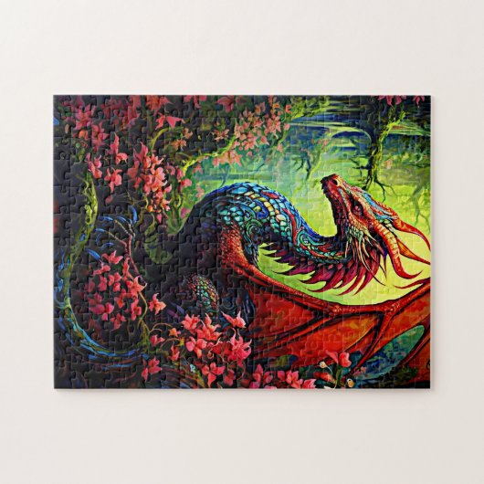 Puzzle Dragon de forêt à ailes rouges avec fleurs rouges (Horizontal)