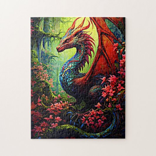 Puzzle Dragon de forêt à ailes rouges avec fleurs rouges (Vertical)