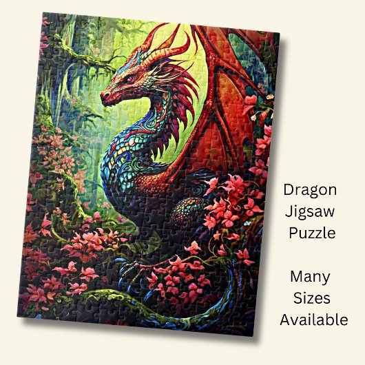 Puzzle Dragon de forêt à ailes rouges avec fleurs rouges