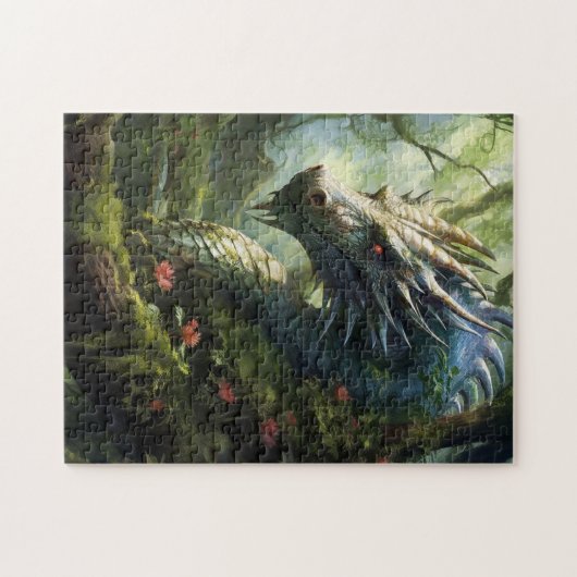 Puzzle Dragon en forêt avec fleurs roses (Horizontal)