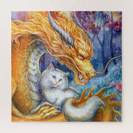 Puzzle Dragon Feu et Chat Blanc dans une Forêt Mystique (Vertical)