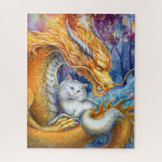 Puzzle Dragon Feu et Chat Blanc dans une Forêt Mystique
