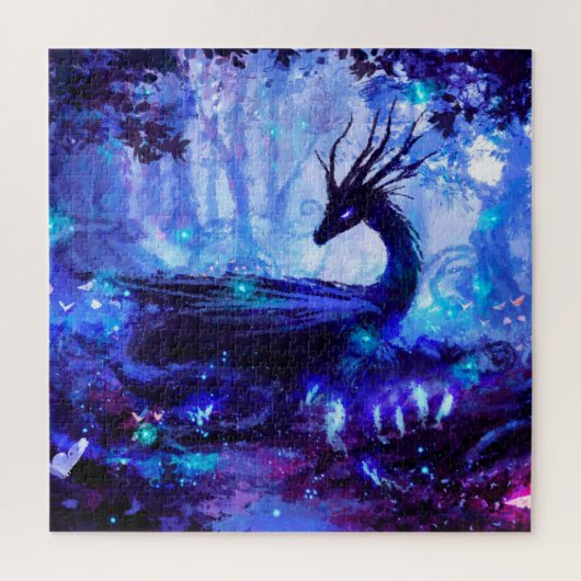 Puzzle Dragon noir, scène de forêt nocturne. (Vertical)